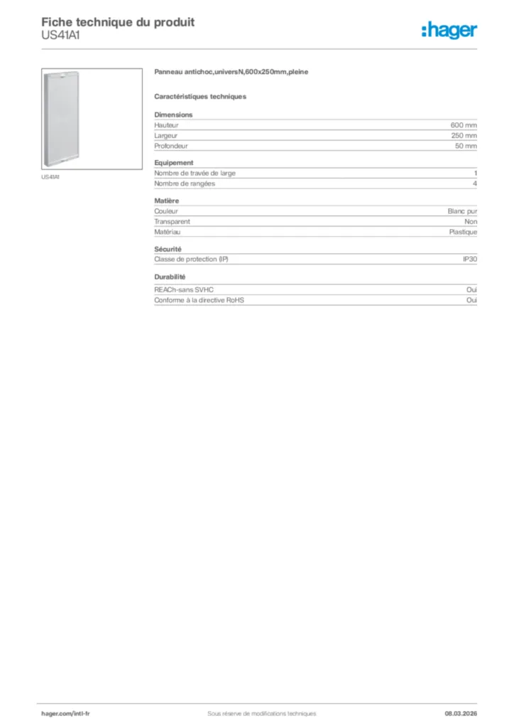 Image Hager Fiche technique du produit US41A1 | Hager Afrique