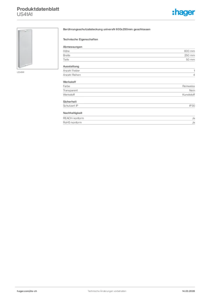Bild Hager Produktdatenblatt US41A1 | Hager Schweiz