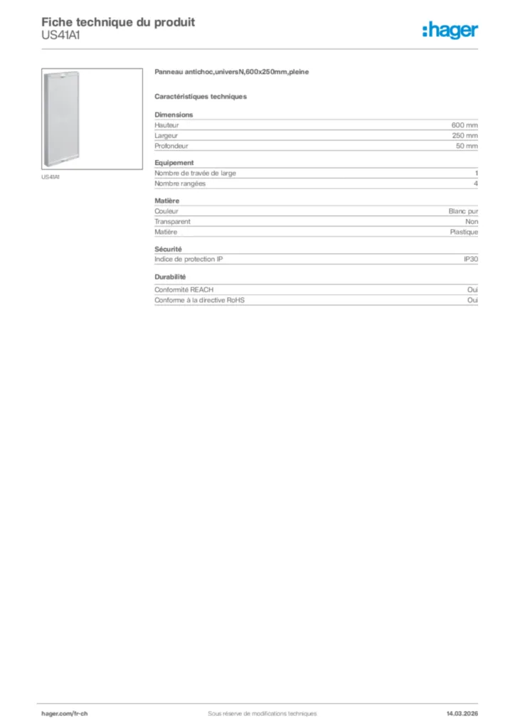 Image Hager Fiche technique du produit US41A1 | Hager Suisse