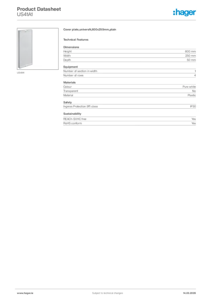 Image Hager Product data sheet US41A1  | Hager