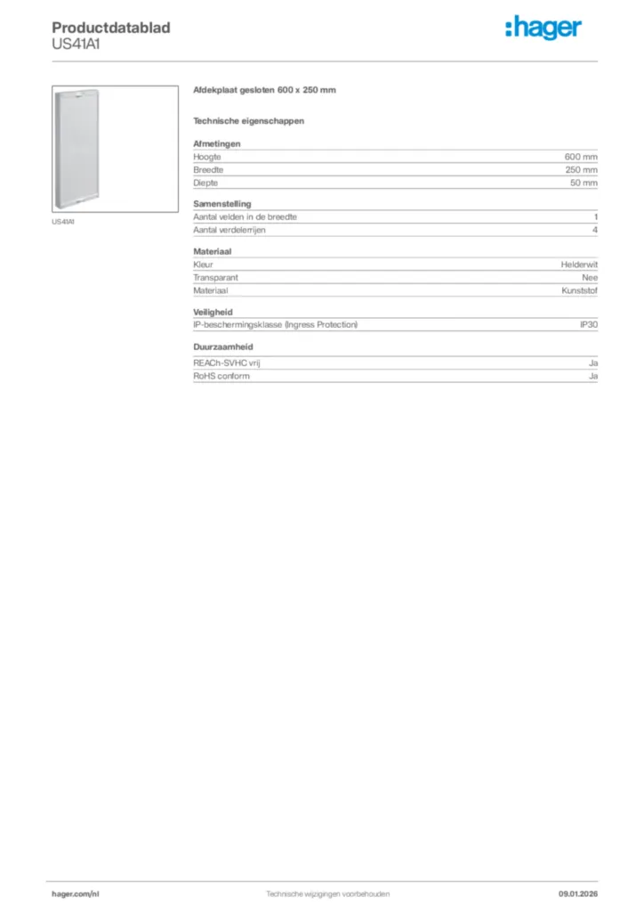 Afbeelding Hager Productdatablad US41A1 | Hager Nederland