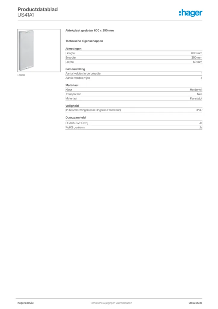 Afbeelding Hager Productdatablad US41A1 | Hager Nederland