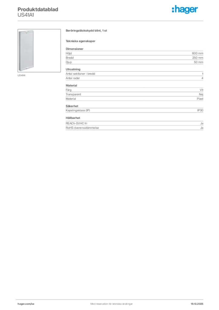 Bild Hager Produktdatablad US41A1 | Hager Sverige