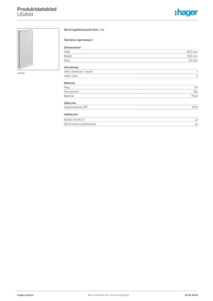 Bild Hager Produktdatablad US41A1 | Hager Sverige