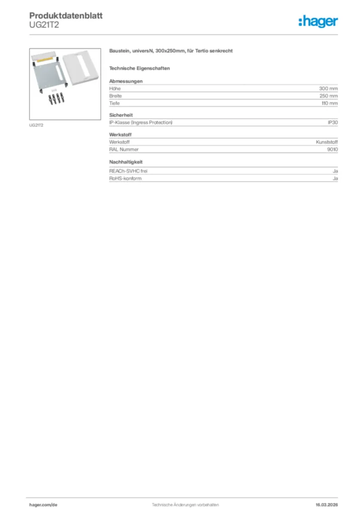 Bild Hager Produktdatenblatt UG21T2 | Hager Deutschland