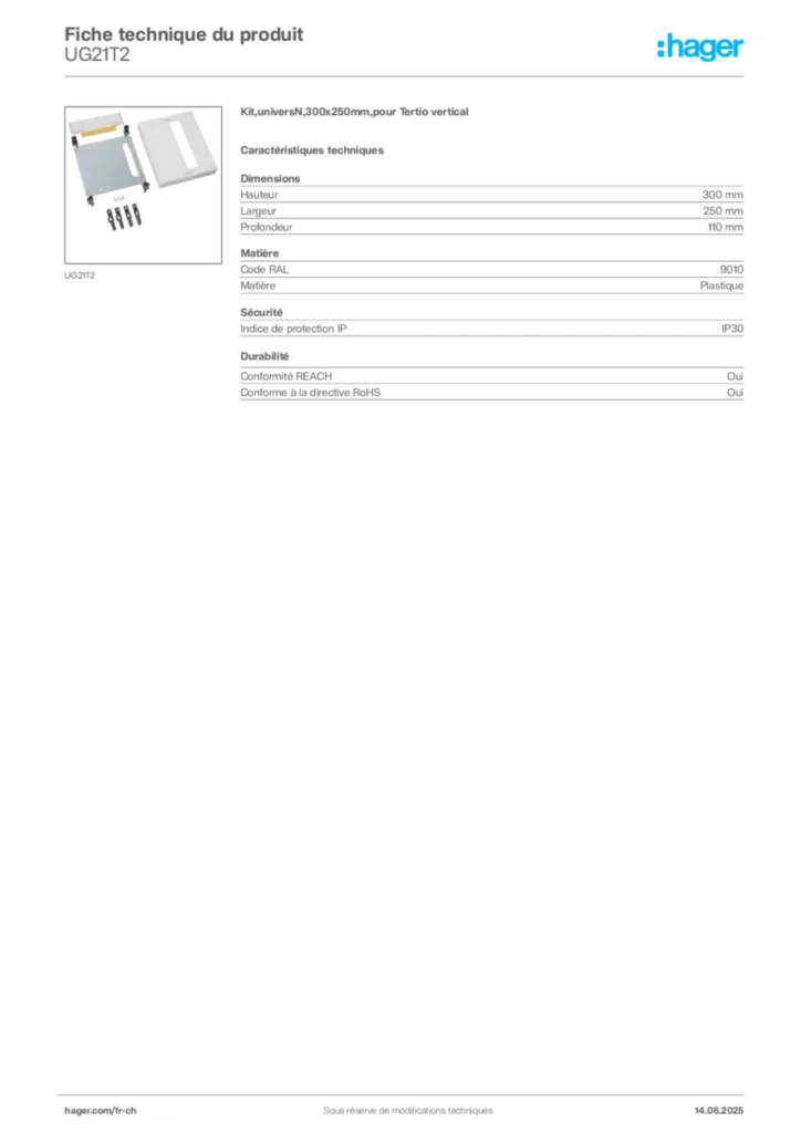 Image Hager Fiche technique du produit UG21T2 | Hager Suisse