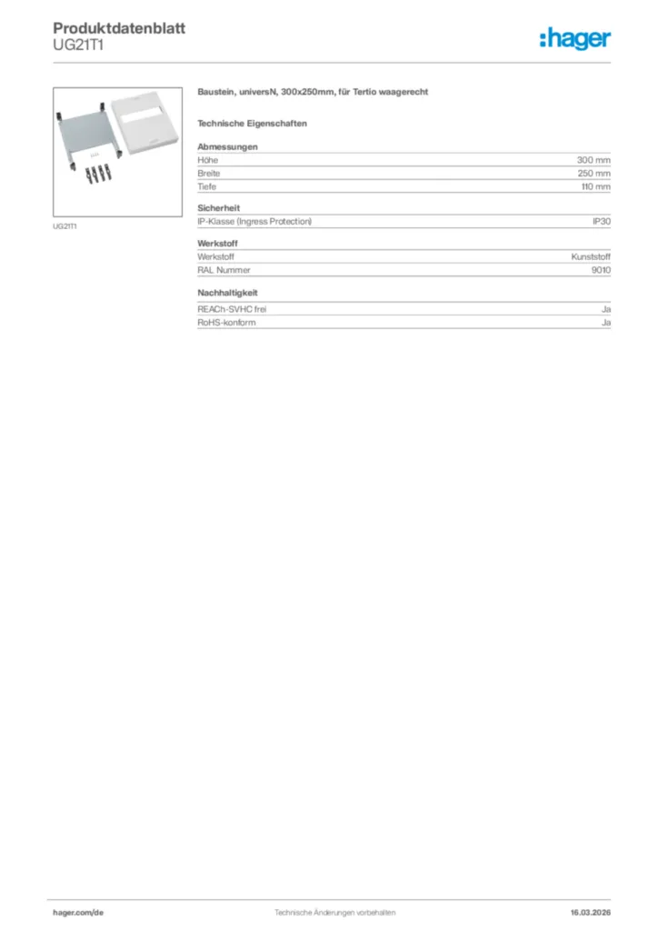 Bild Hager Produktdatenblatt UG21T1 | Hager Deutschland