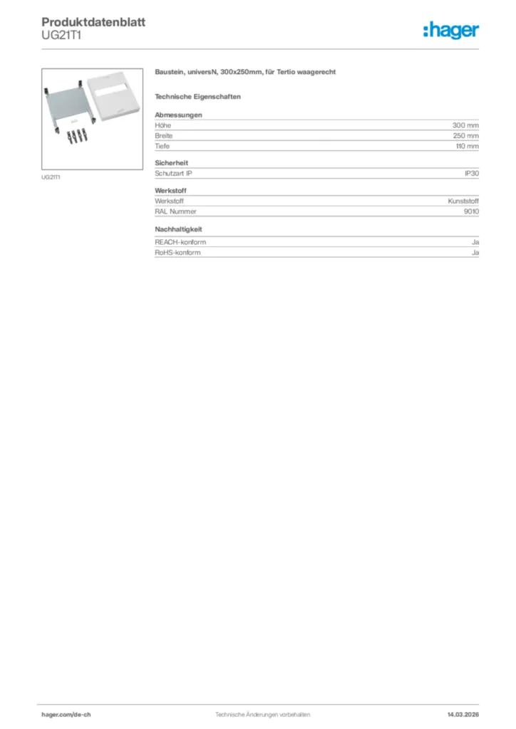 Bild Hager Produktdatenblatt UG21T1 | Hager Schweiz
