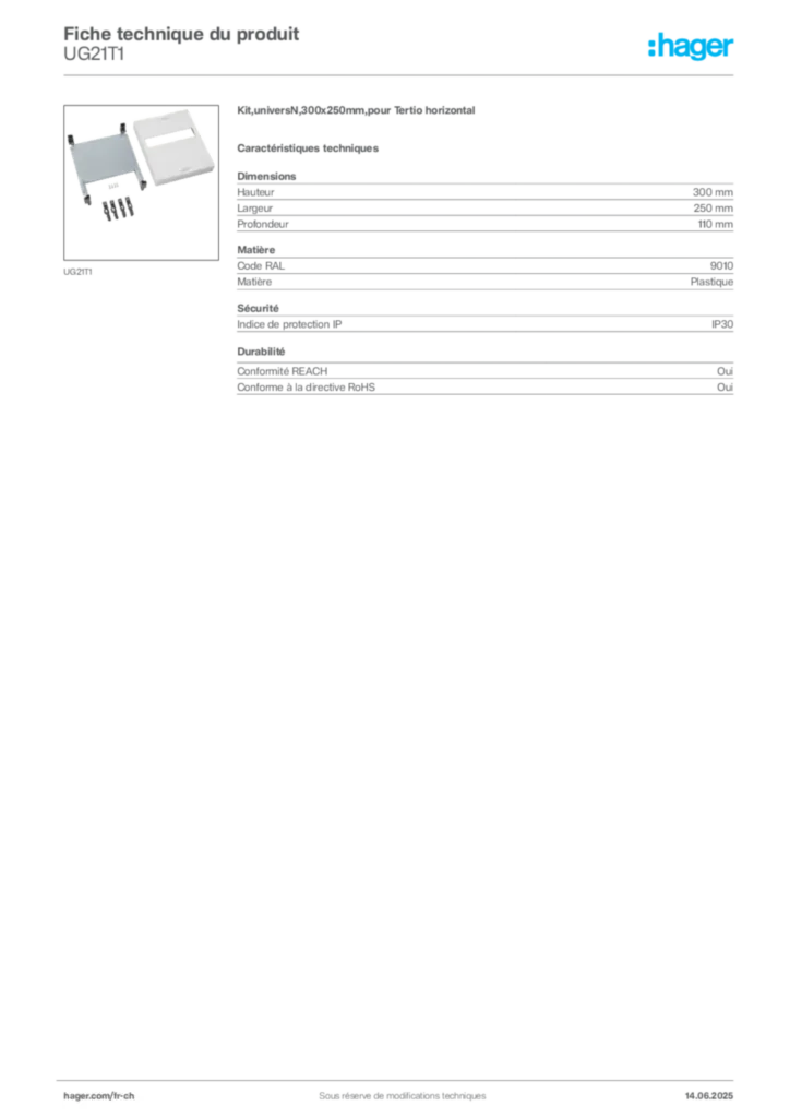 Image Hager Fiche technique du produit UG21T1 | Hager Suisse