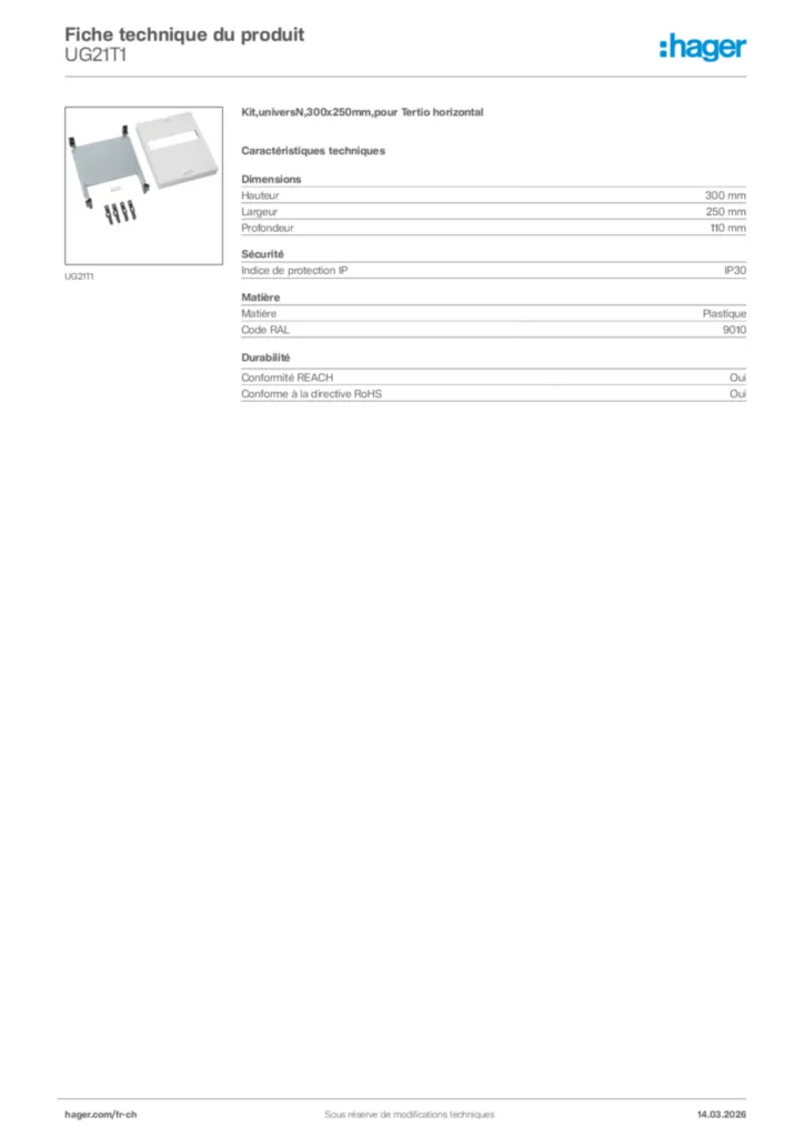 Image Hager Fiche technique du produit UG21T1 | Hager Suisse