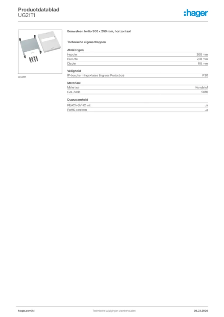 Afbeelding Hager Productdatablad UG21T1 | Hager Nederland