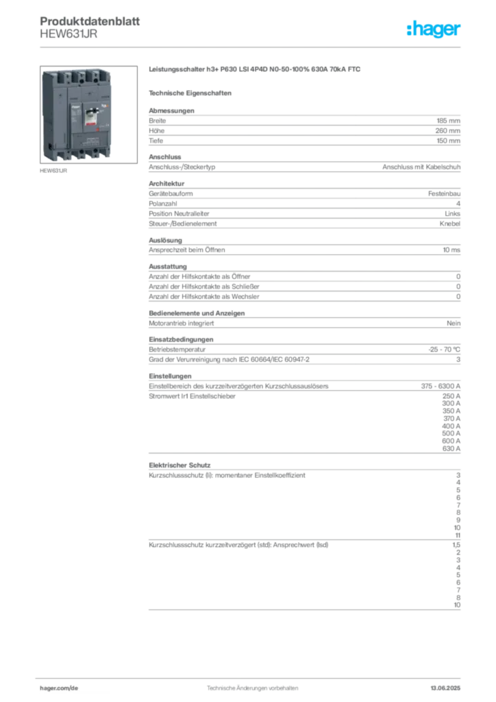 Bild Hager Produktdatenblatt HEW631JR | Hager Deutschland