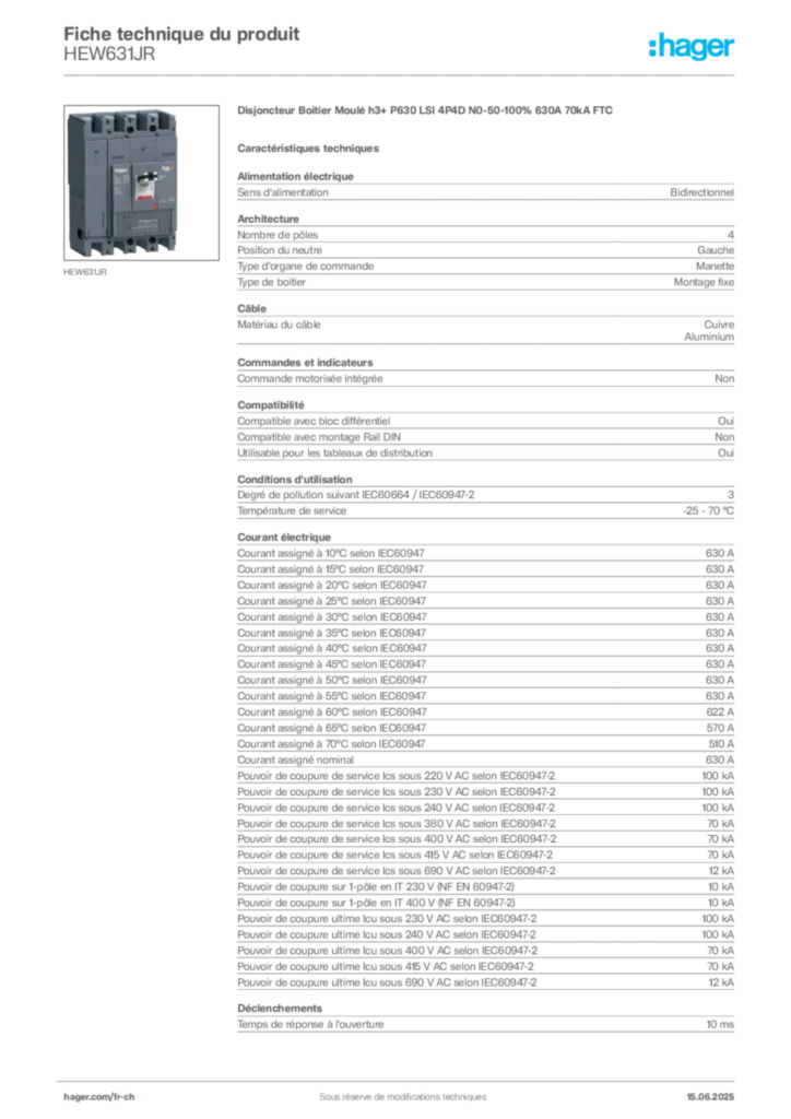 Image Hager Fiche technique du produit HEW631JR | Hager Suisse