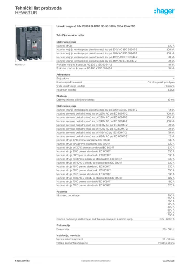 Slika Hager Tehnički list proizvoda HEW631JR  | Hager