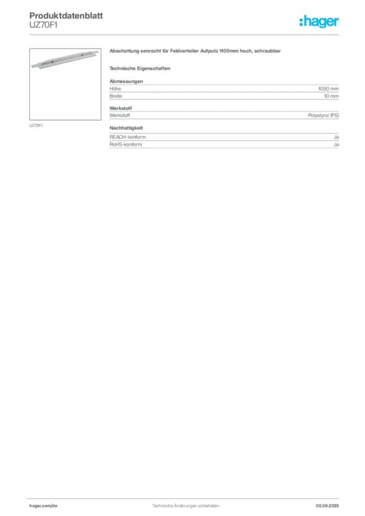Hager Produktdatenblatt UZ70F1