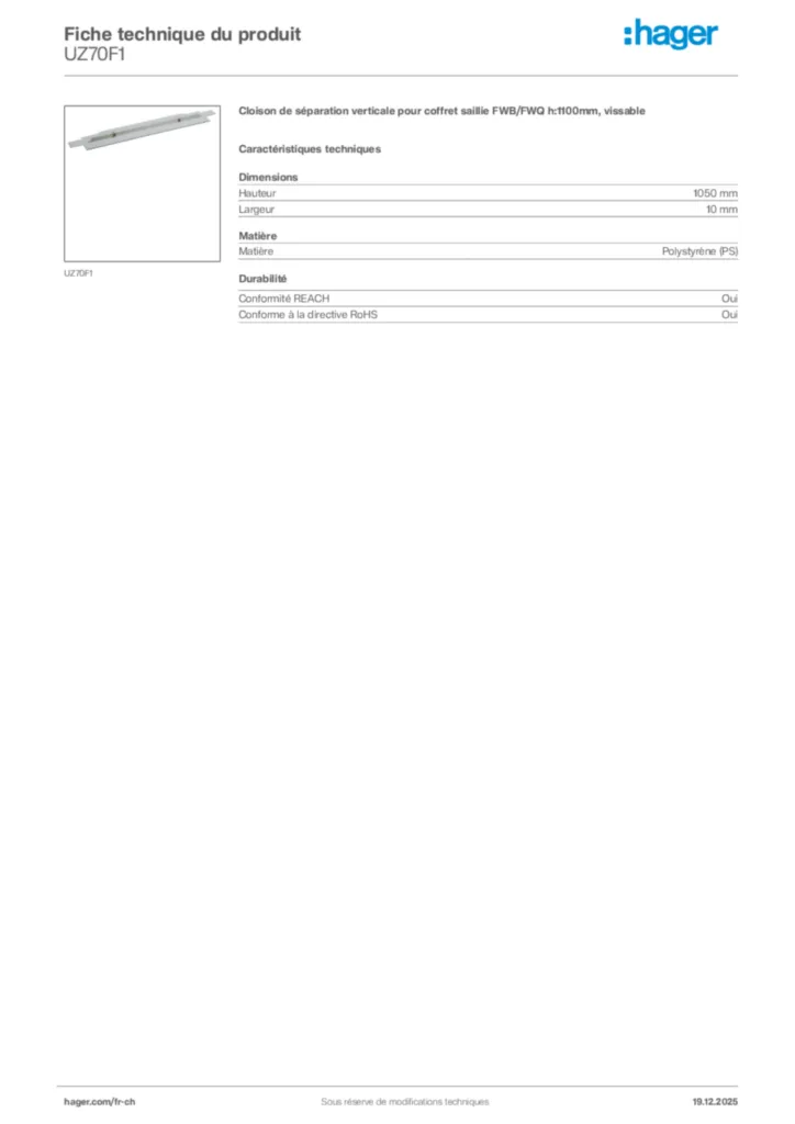 Image Hager Fiche technique du produit UZ70F1 | Hager Suisse