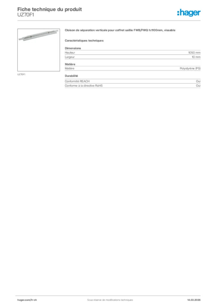 Image Hager Fiche technique du produit UZ70F1 | Hager Suisse