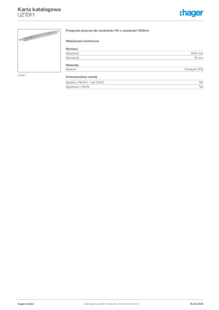 Zdjęcie Hager Karta katalogowa UZ70F1 | Hager Polska