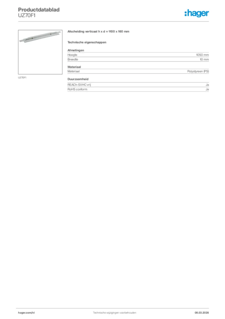 Afbeelding Hager Productdatablad UZ70F1 | Hager Nederland