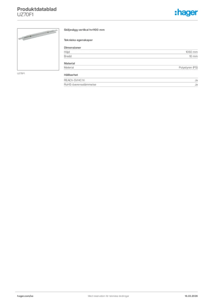 Bild Hager Produktdatablad UZ70F1 | Hager Sverige