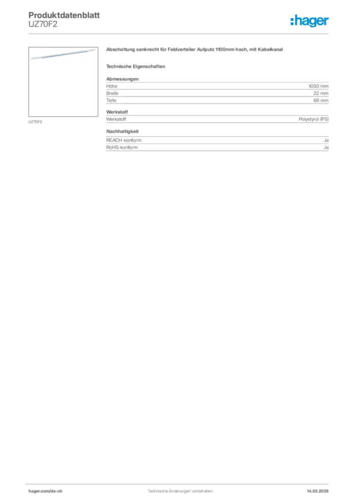 Bild Hager Produktdatenblatt UZ70F2 | Hager Schweiz