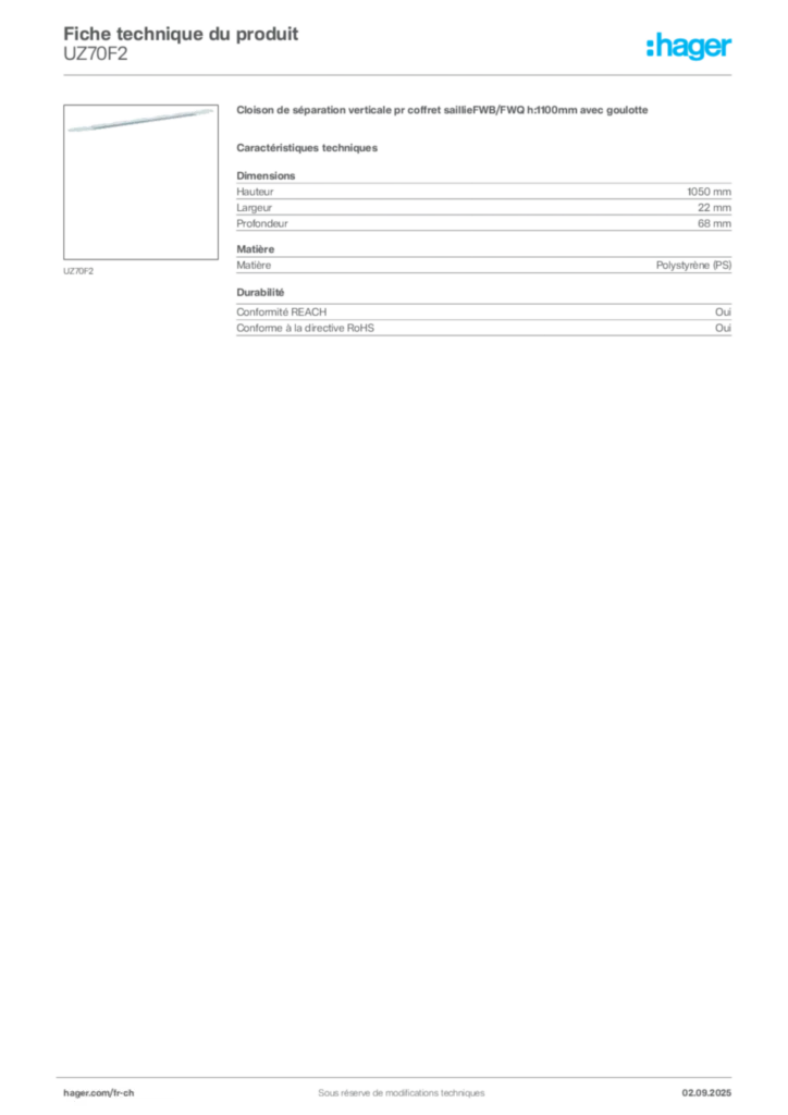 Image Hager Fiche technique du produit UZ70F2 | Hager Suisse