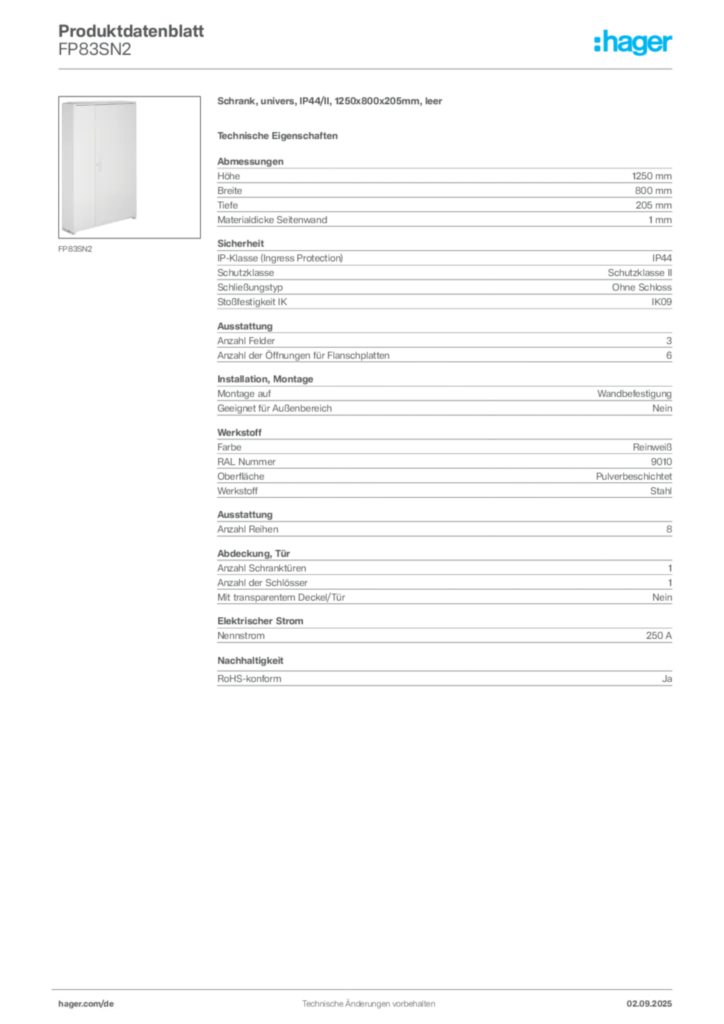 Hager Produktdatenblatt FP83SN2