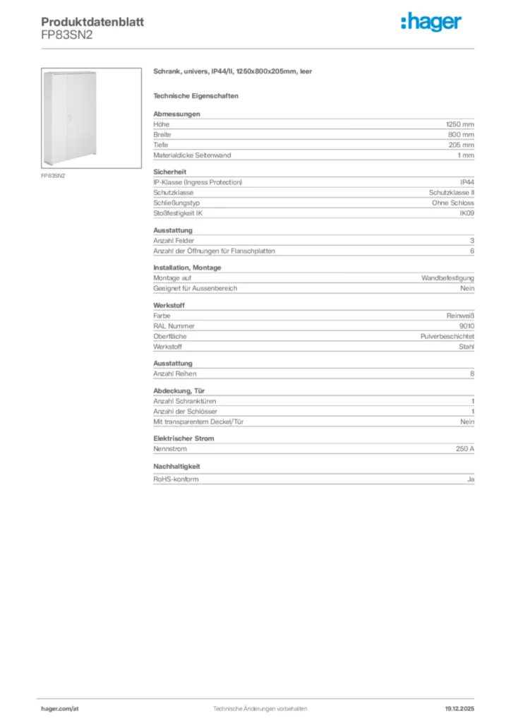 Bild Hager Produktdatenblatt FP83SN2 | Hager Deutschland
