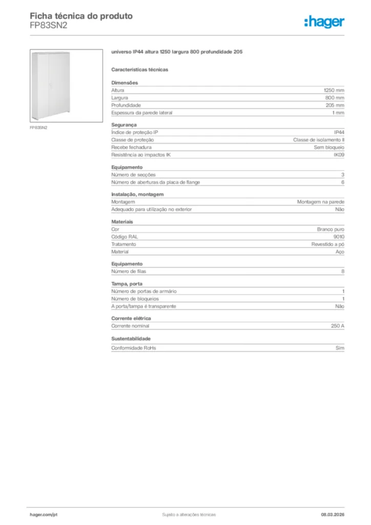 Imagem Hager Ficha técnica do produto FP83SN2 | Hager Portugal