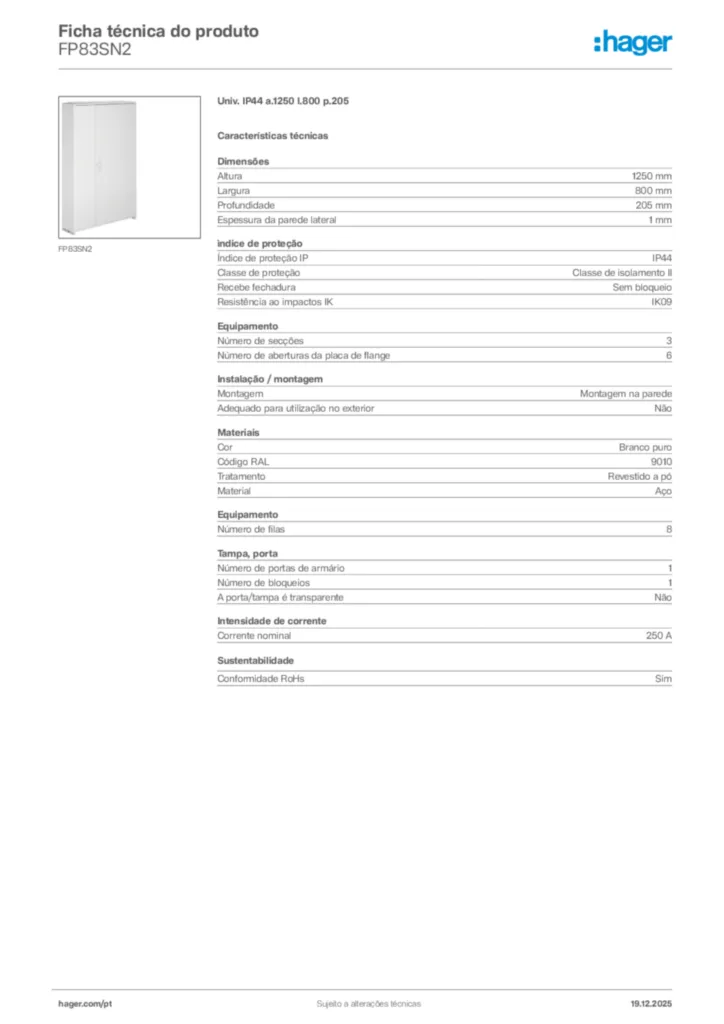 Imagem Hager Ficha técnica do produto FP83SN2 | Hager Portugal