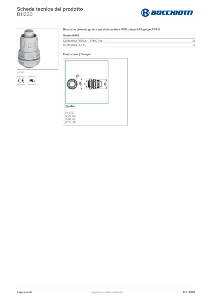 Immagine Bocchiotti Scheda tecnica del prodotto B11330 | Hager Italia