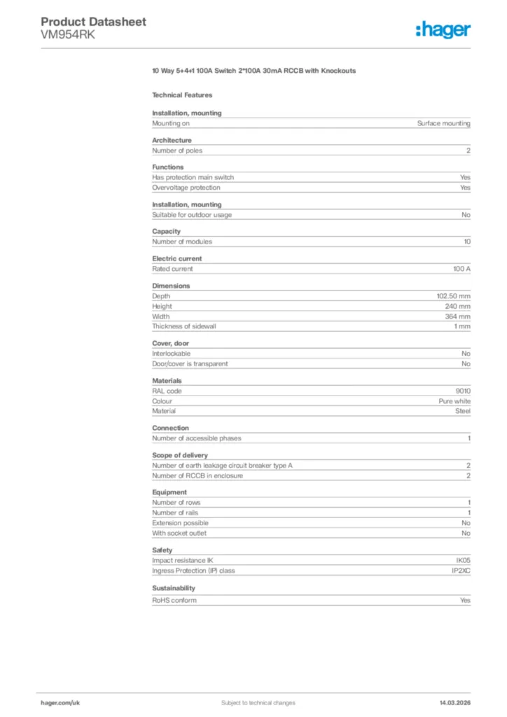 Image Hager Product data sheet VM954RK  | Hager
