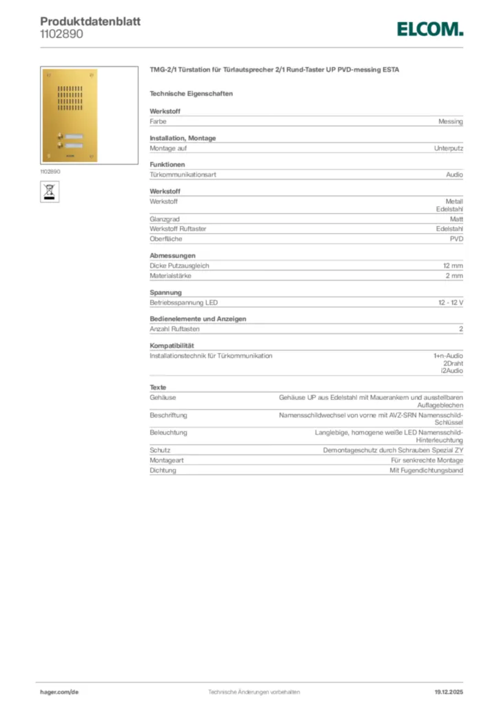 Bild Elcom Produktdatenblatt 1102890 | Hager Deutschland