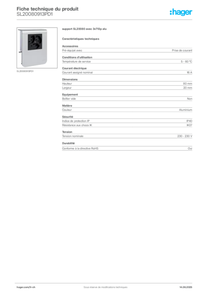 Image Hager Fiche technique du produit SL20080913PD1 | Hager Suisse