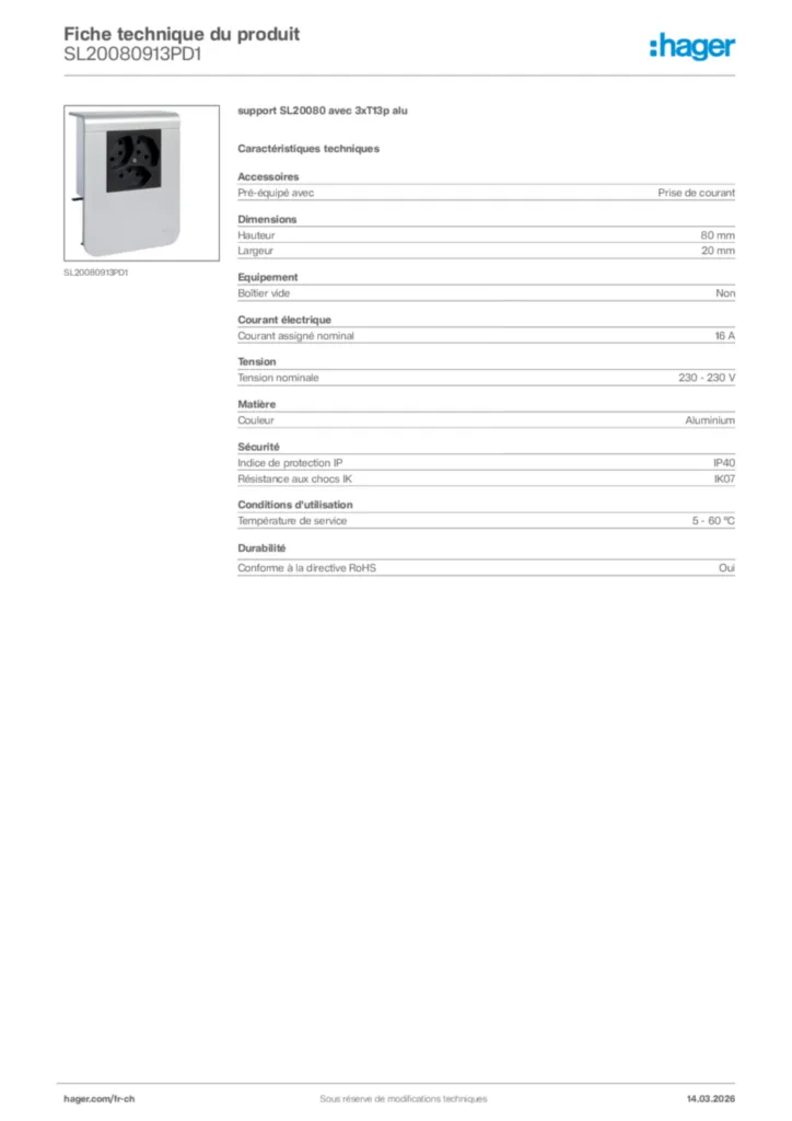 Image Hager Fiche technique du produit SL20080913PD1 | Hager Suisse