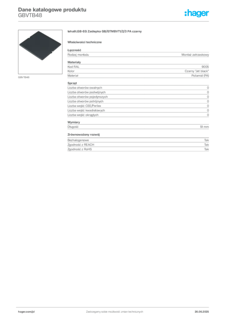 Zdjęcie Hager Karta katalogowa GBVTB48 | Hager Polska