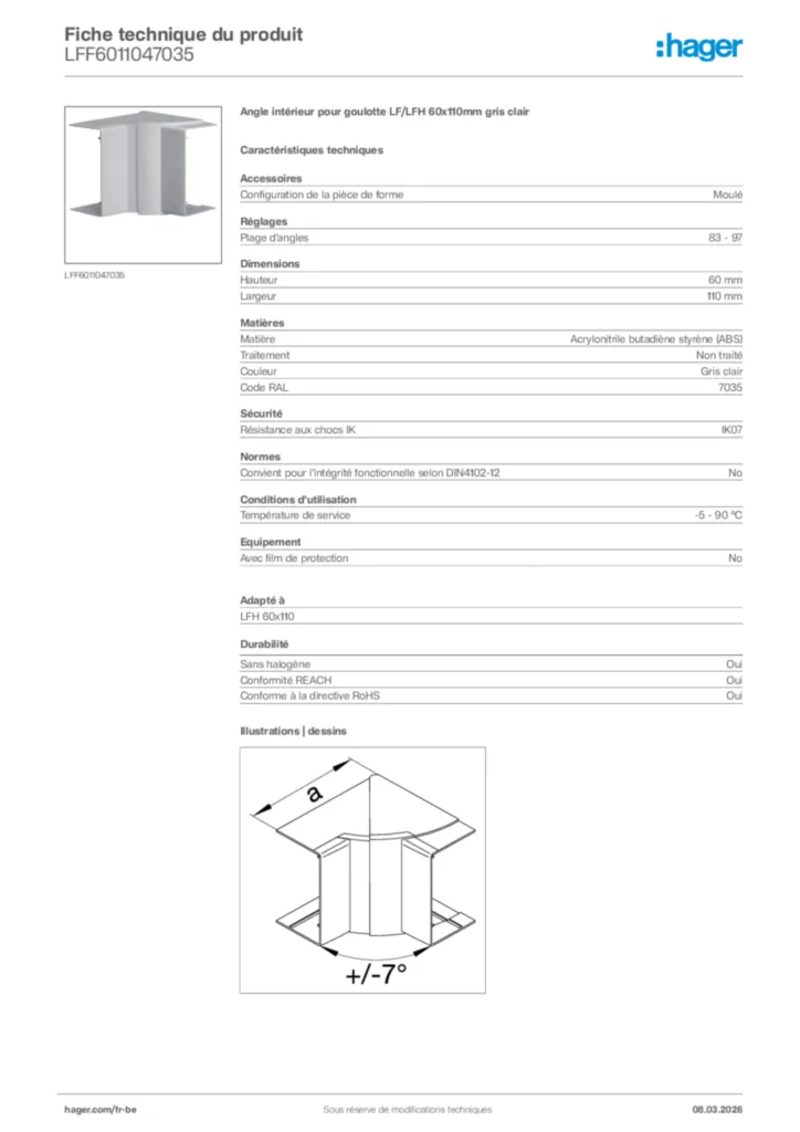Image Hager Fiche technique du produit LFF6011047035 | Hager Belgique