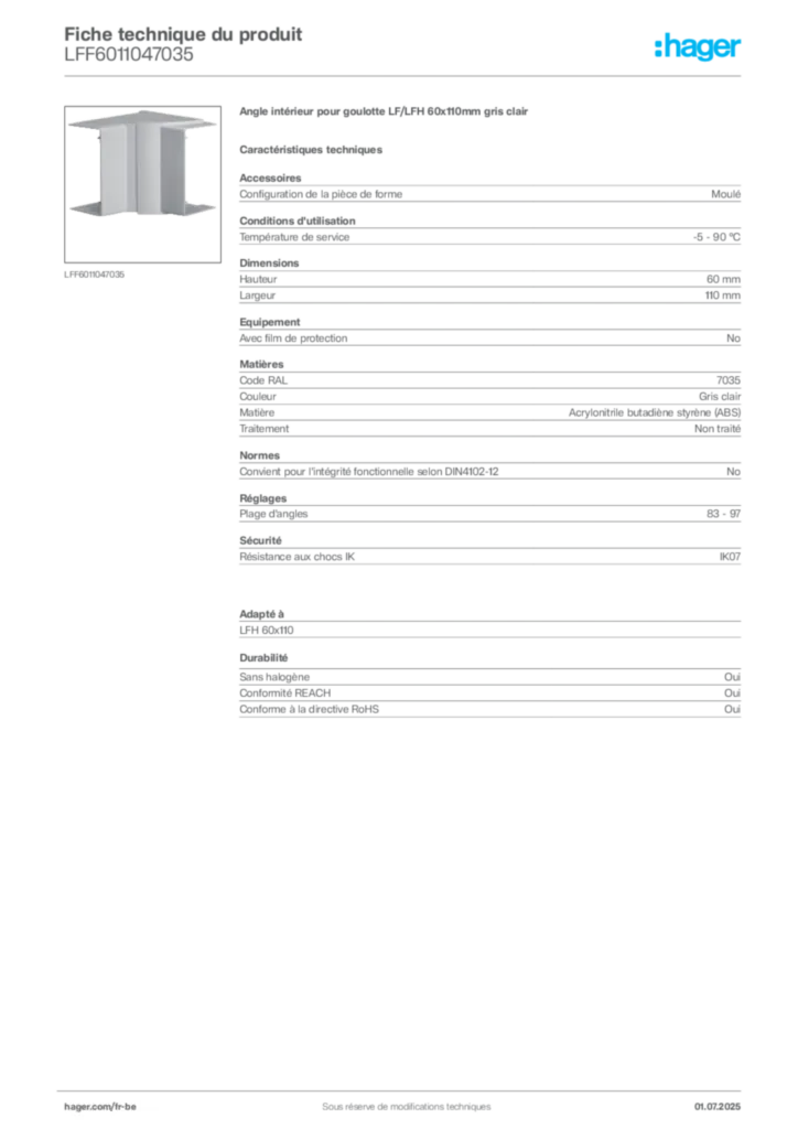 Image Hager Fiche technique du produit LFF6011047035 | Hager Belgique