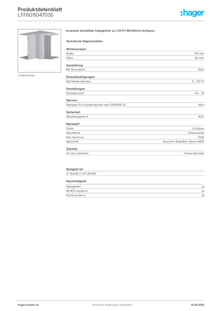 Bild Hager Produktdatenblatt LFF6011047035 | Hager Schweiz