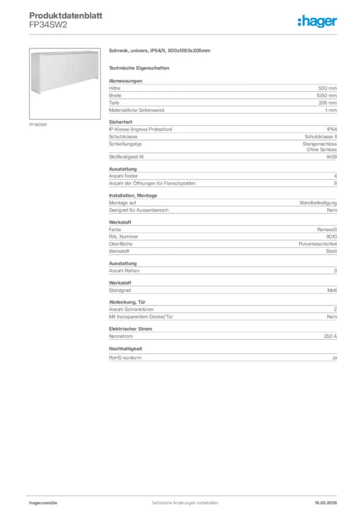 Bild Hager Produktdatenblatt FP34SW2 | Hager Deutschland