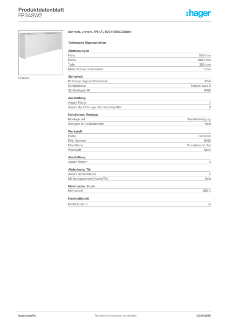 Bild Hager Produktdatenblatt FP34SW2 | Hager Deutschland