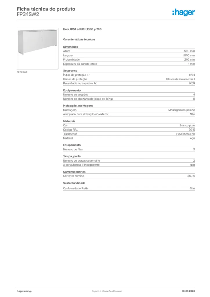 Imagem Hager Ficha técnica do produto FP34SW2 | Hager Portugal