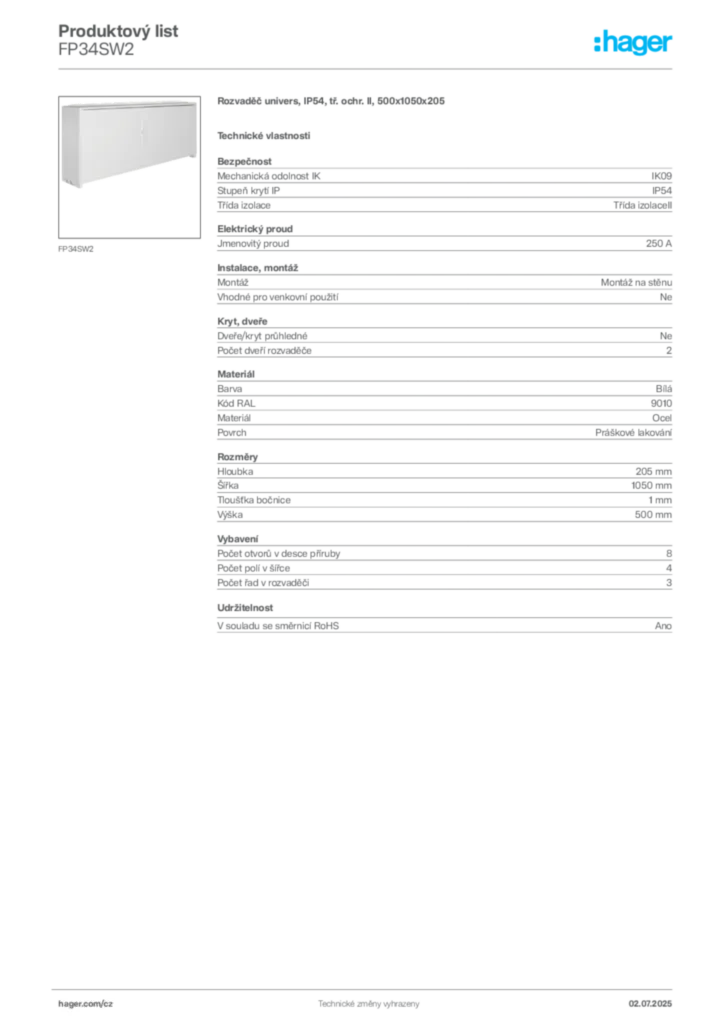 Obrázek Hager Produktový list FP34SW2 | Hager