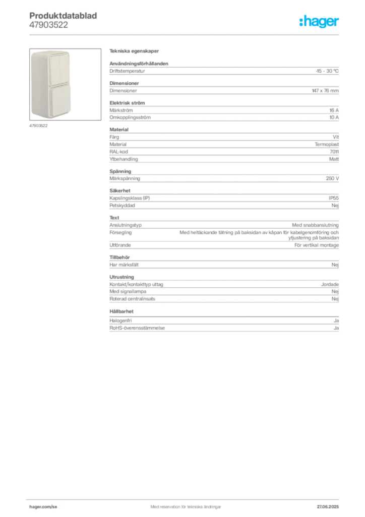 Bild Hager Produktdatablad 47903522 | Hager Sverige