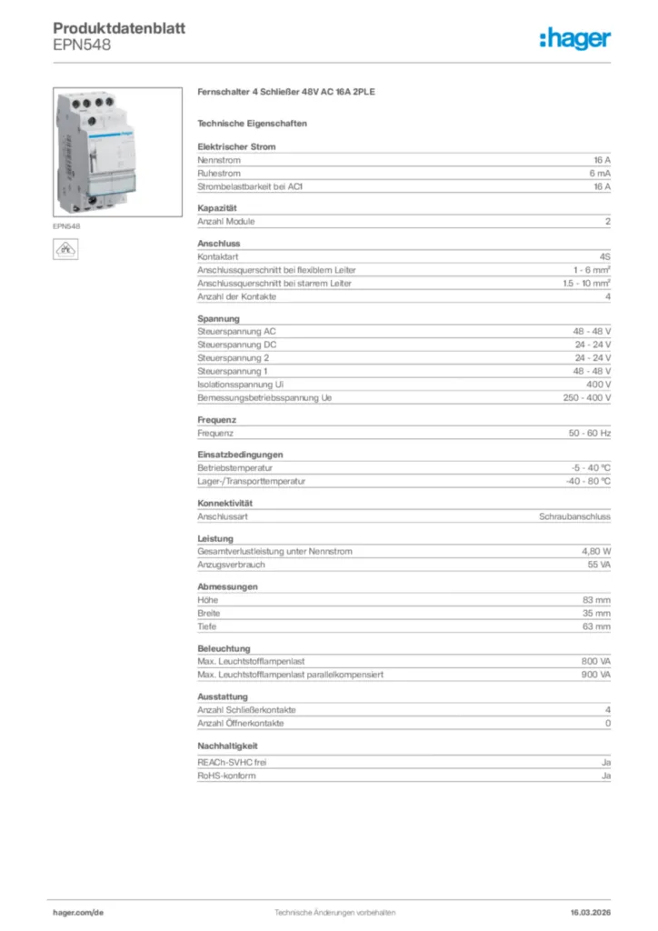 Bild Hager Produktdatenblatt EPN548 | Hager Deutschland