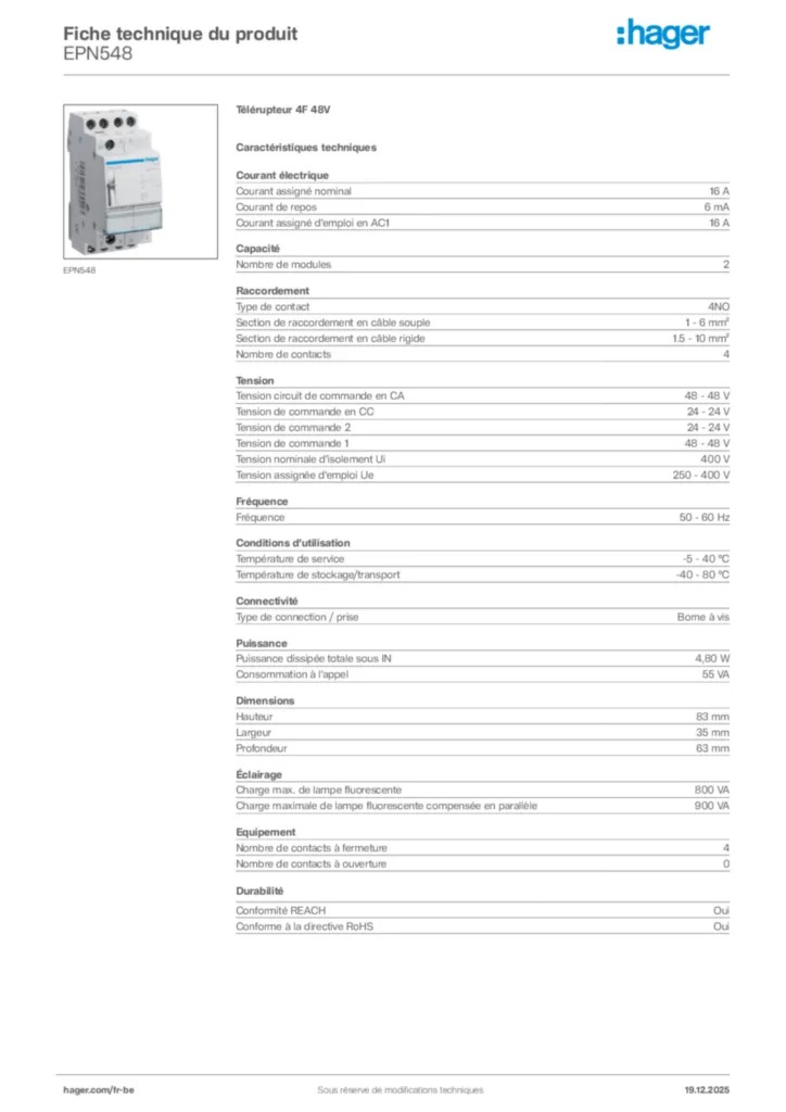 Image Hager Fiche technique du produit EPN548 | Hager Belgique