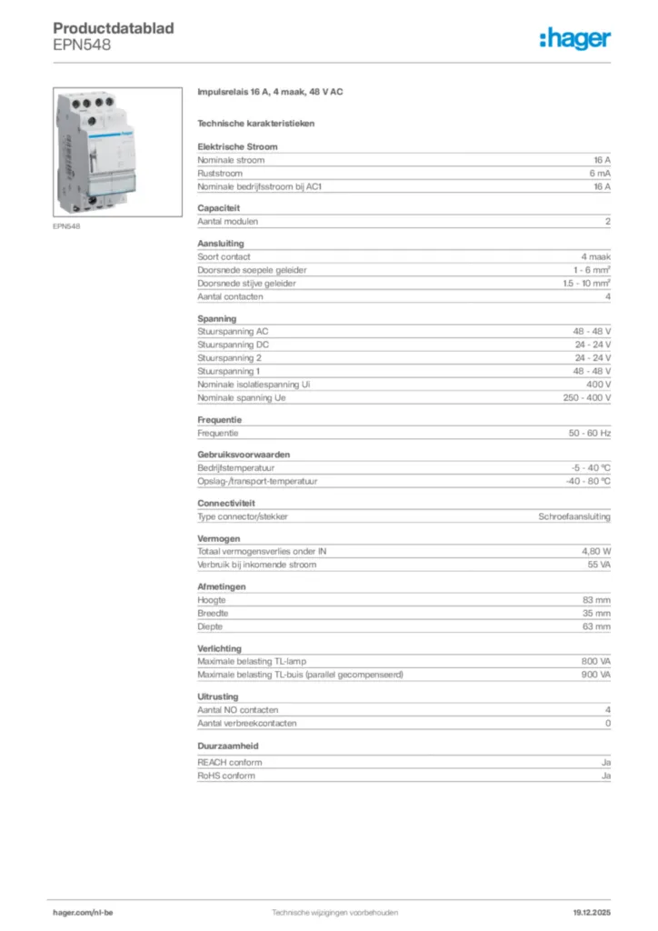Afbeelding Hager Productdatablad EPN548 | Hager Belgium