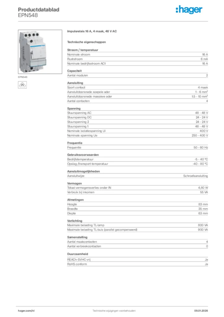 Afbeelding Hager Productdatablad EPN548 | Hager Nederland
