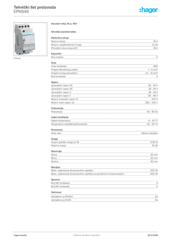 Slika Hager Product data sheet EPN548  | Hager