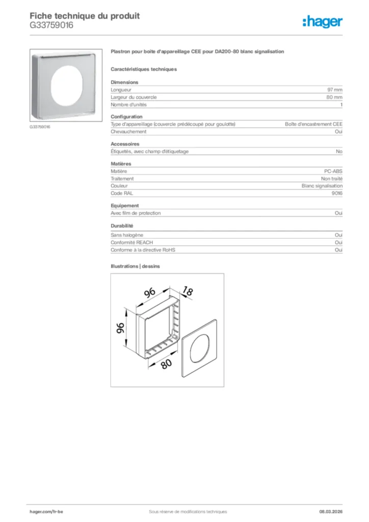 Image Hager Fiche technique du produit G33759016 | Hager Belgique